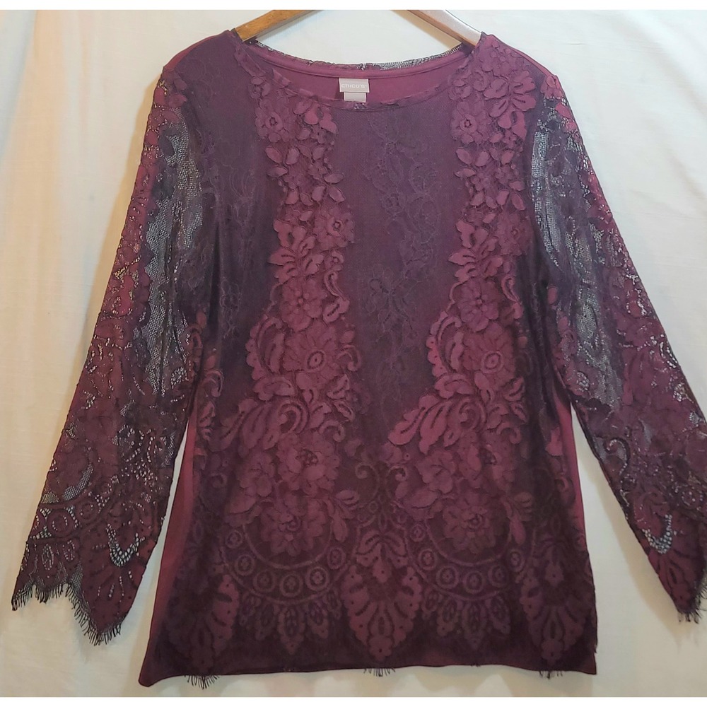 Chicos Burgundy Black Lace Over Knit Lace L-Slv Top Women Size 1 U S Size M
